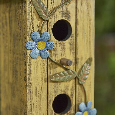 Glitzhome 11.75"H Washed Yellow Distressed Garden Birdhouse with 3D Metal Flower
