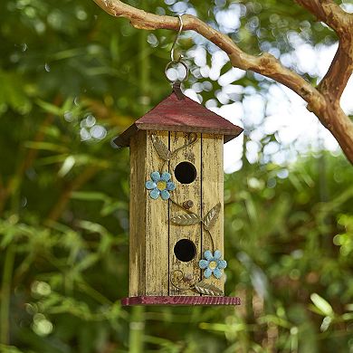 Glitzhome 11.75"H Washed Yellow Distressed Garden Birdhouse with 3D Metal Flower