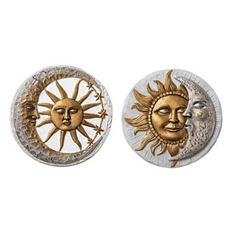 Glitzhome 10"D Set of 2 Cement Sun and Moon Textured Stepping Stones