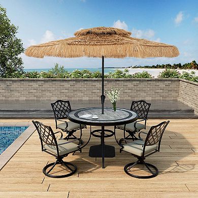 Mondawe 10 ft Hawaiian Style Crank Design 2 Tier Straw Patio Umbrella Shade with Square Base