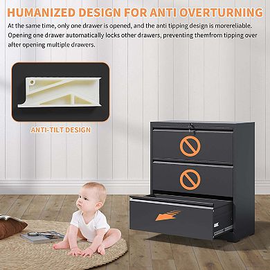 Mondawe Horizontal 3-Drawer Metal Lockable Filing Cabinet Capable Of Storing A4/F4 Size Files