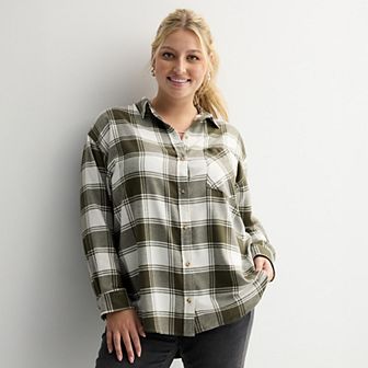 Juniors' Plus Size SO® Boyfriend Flannel Long Sleeve Shirt