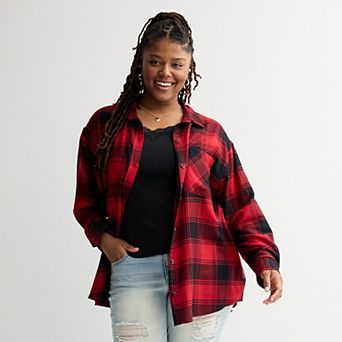Juniors' Plus Size SO® Boyfriend Flannel Long Sleeve Shirt