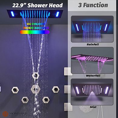 Mondawe Ceiling Mounted Thermostatic 3 Functions 7 Sprays Shower System with 3 Body Jets