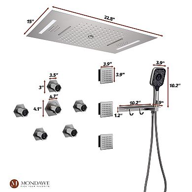 Mondawe Ceiling Mounted Thermostatic 3 Functions 7 Sprays Shower System with 3 Body Jets