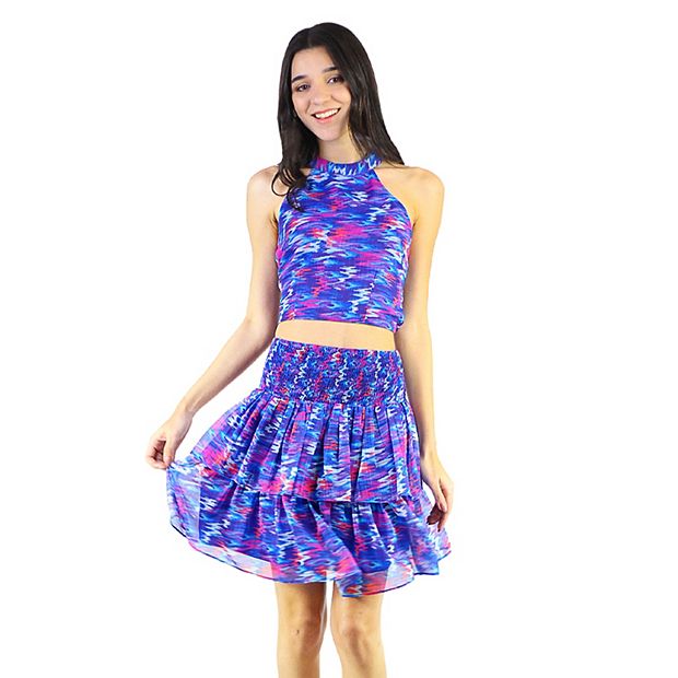 Artyska Women's Ikat-Print Halter Neck Sleeveless Top & Ruffled Mini Skirt 2 Piece Set Blue S