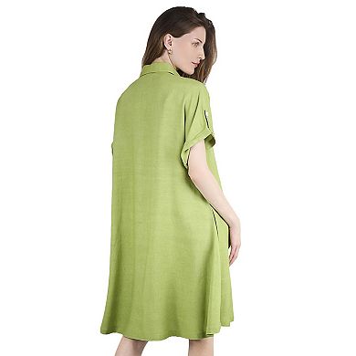 Women's Linen Short Sleeve Button Front Shirt Dress