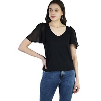 Women's Ruffle Casual V Neck Shirt Bell Short Sleeve Pullover Top