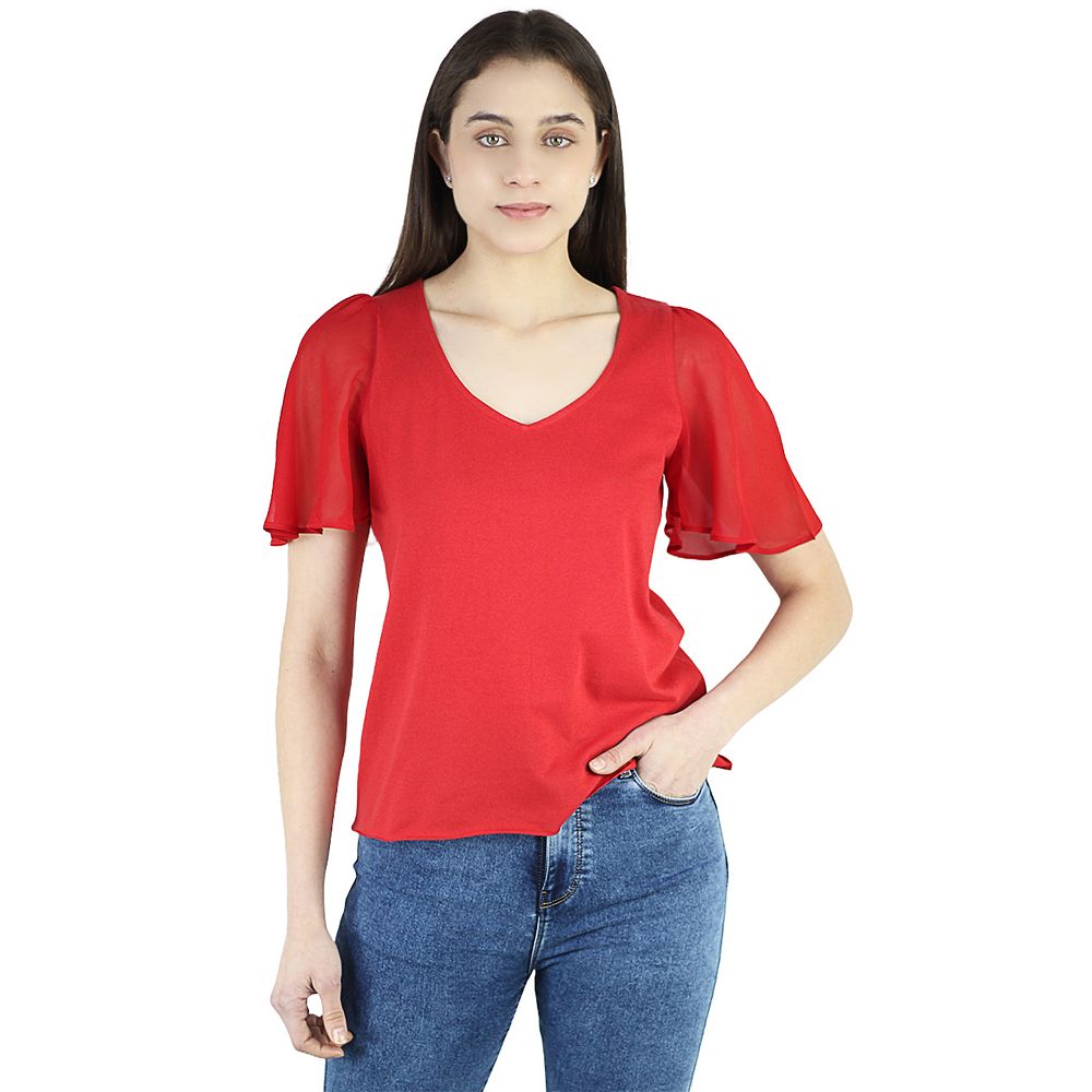 Plain V-Neck Ruffled Sleeve Top