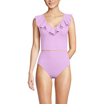 Women's Lands' End 2 pc Pique Ruffle Tankini Top & High Waisted Bottom Swimsuit Set