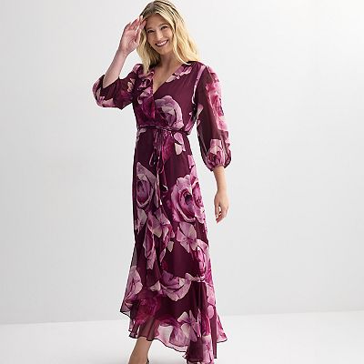 floral ruffle satin wrap maxi dress Women's Maison Tara Ruffle Wrap Maxi Dress
