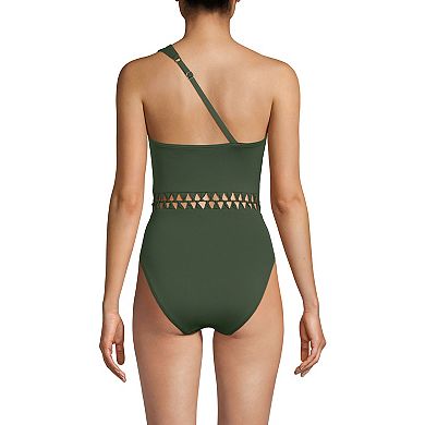 Women's Lands' End Macrame One Shoulder High Leg Swim Suit - Regular Size