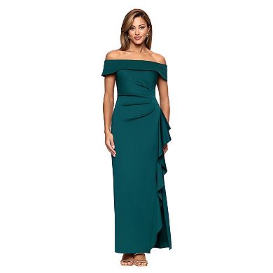 Women's X Evenings Off-The-Shoulder Long Scuba Dress with Ruffle Detail