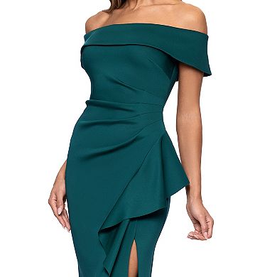 Women's X Evenings Off-The-Shoulder Long Scuba Dress with Ruffle Detail