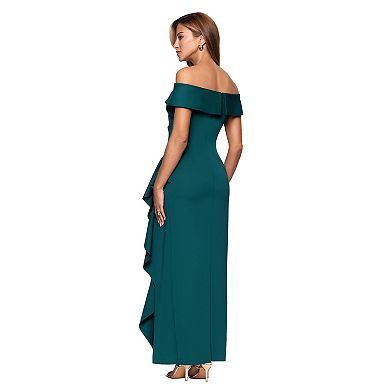 Women's X Evenings Off-The-Shoulder Long Scuba Dress with Ruffle Detail