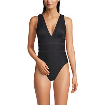 Women's Lands' End Mesh Ribbed Plunge High Leg One-Piece Swimsuit