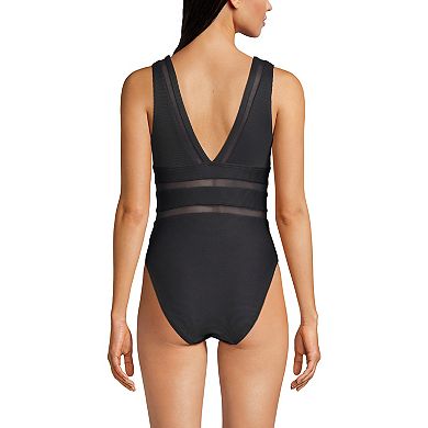 Women's Lands' End Mesh Ribbed Plunge High Leg One-Piece Swimsuit