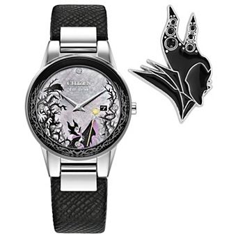 Disney's Villain Maleficent Eco-Drive Watch with Black Leather Strap & Stainless Steel Case by Citizen – GA1080-41Y