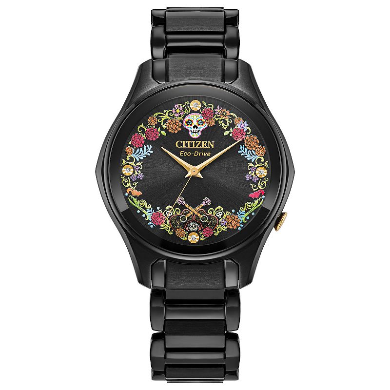 Citizen Disney's 37mm / Pixar's Coco Sugar Skull Eco-Drive Watch with Black Ion-Plated Stainless Steel Bracelet - EM1175-51W, Women's,