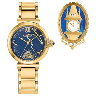 Disney Princess Cinderella Eco-Drive Watch with Gold Tone Stainless Steel Case, Blue Dial & Pin Box Set by Citizen – EM1068-69W