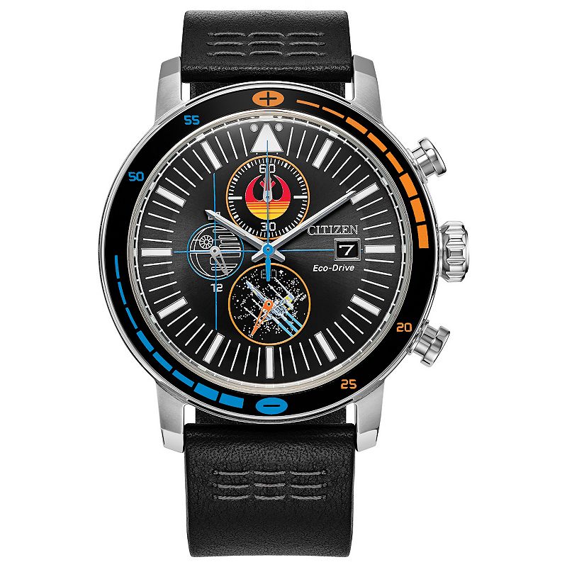 Star Wars Rebel Starfighter Eco-Drive Watch with Black Leather Strap & Pin Box Set by Citizen  CA0870-43W, Men's, Size: 44MM
