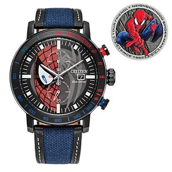 Marvel's Spider-Man Eco-Drive Watch with Stainless Steel Case & Cordura Leather Strap by Citizen – CA0855-47W