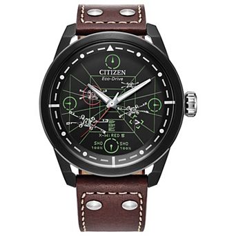Star Wars X-Wing Fighter Eco-Drive Watch with Black Ion-Plated Stainless Steel Case & Brown Leather Strap by Citizen – AW1738-05W