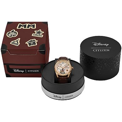 Disney's Mickey Mouse Hometown Eco-Drive Watch with Gold Tone Stainless Steel Case & Brown Leather Strap by Citizen – AW0088-04W