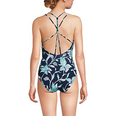 Women's Lands' End Tugless Luxe V-Neck Convertible High Leg One Piece Swimsuit