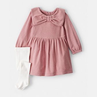 Baby Girls Carter's Bow Collar Long-Sleeve Dress & Tights Set