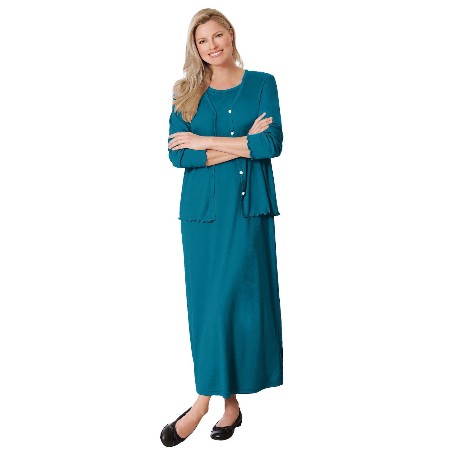 Женское платье Woman Within Plus Size Lettuce Trim Knit Jacket, цвет: Глубокий бирюзовый — фото 1