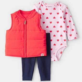 Baby Girl Carter's 3 pc Puffer Vest, Heart Print Bodysuit & Leggings Set