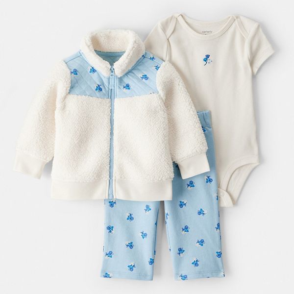 Baby Girl Carter's 3 pc Floral Fleece Jacket, Bodysuit & Pant Set