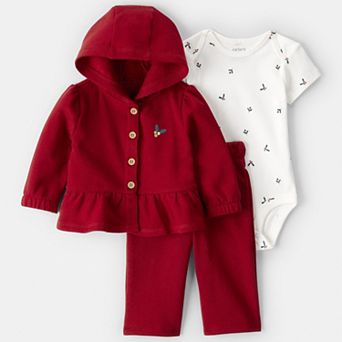 Baby Girl Carter's 3 pc Fleece Floral Hooded Cardigan, Bodysuit & Pant Set