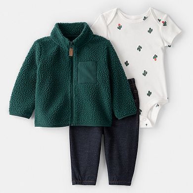 Baby Boy Carter's 3-pc. Fleece Zip-Up Jacket, Cactus Print Bodysuit & Pants Set