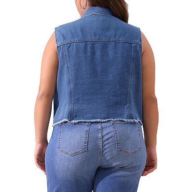 Women's Plus Size Distressed Denim Vest with Embroidered Pearls