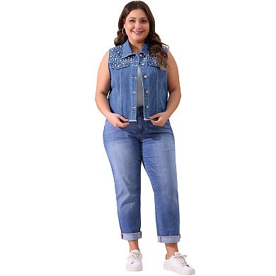 Women's Plus Size Distressed Denim Vest with Embroidered Pearls