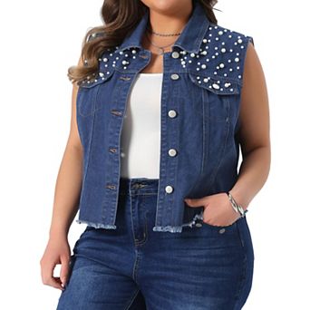 Women's Plus Size Distressed Denim Vest with Embroidered Pearls
