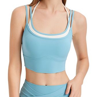 Women's Double Layered Scoop Neck Sports Bra with Contrast Trim