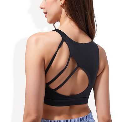 Women's High Neck Sports Bra with Strappy Open Back and Supportive Fit