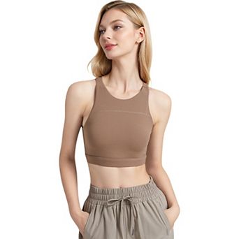 Women's High Neck Sports Bra with Strappy Open Back and Supportive Fit