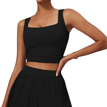 Women's Pleated Detail Square Neck Sports Bra with Wide Straps and Fitted Design