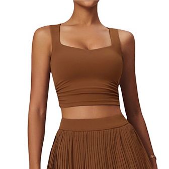 Women's Pleated Detail Square Neck Sports Bra with Wide Straps and Fitted Design