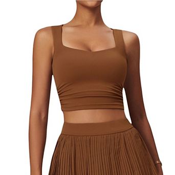 Women's Pleated Detail Square Neck Sports Bra with Wide Straps and Fitted Design