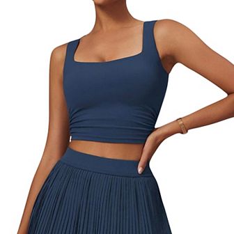 Women's Pleated Detail Square Neck Sports Bra with Wide Straps and Fitted Design