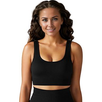 Women's Scoop Neck Cropped Rib Knit Seamless Cropped Sports Bra