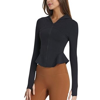 Women's Peplum Hem Active Zip-Up Jacket with Hood and Thumb Holes