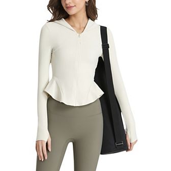 Women's Peplum Hem Active Zip-Up Jacket with Hood and Thumb Holes