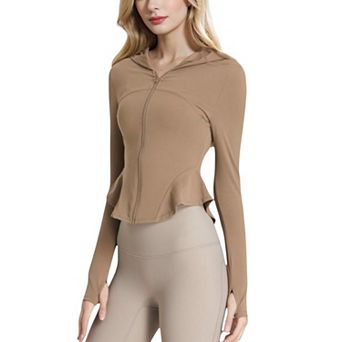 Women's Peplum Hem Active Zip-Up Jacket with Hood and Thumb Holes