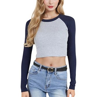 Women's Cropped Long Sleeve Raglan Top with Contrast Sleeves and Casual Fit
